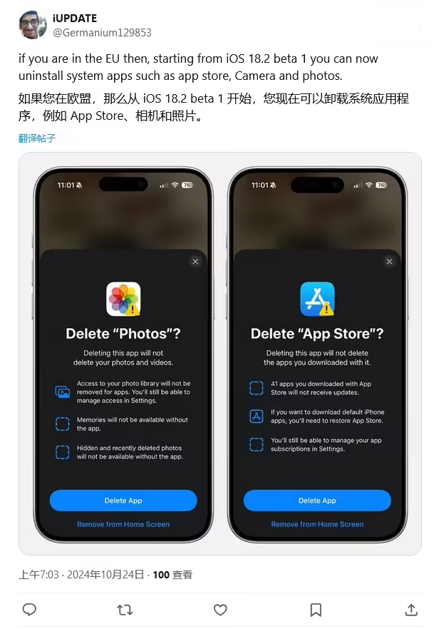 向阳苹果手机维修分享iOS 18.2 支持删除 App Store 应用商店 
